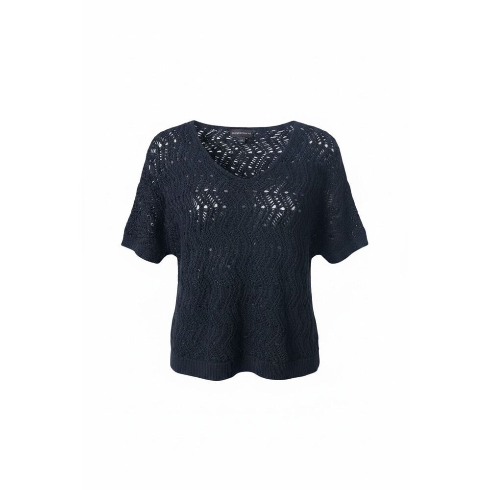 Dana Buchman Crochet Open Knit V-neck Sparkly Pullover Sweater Black Large